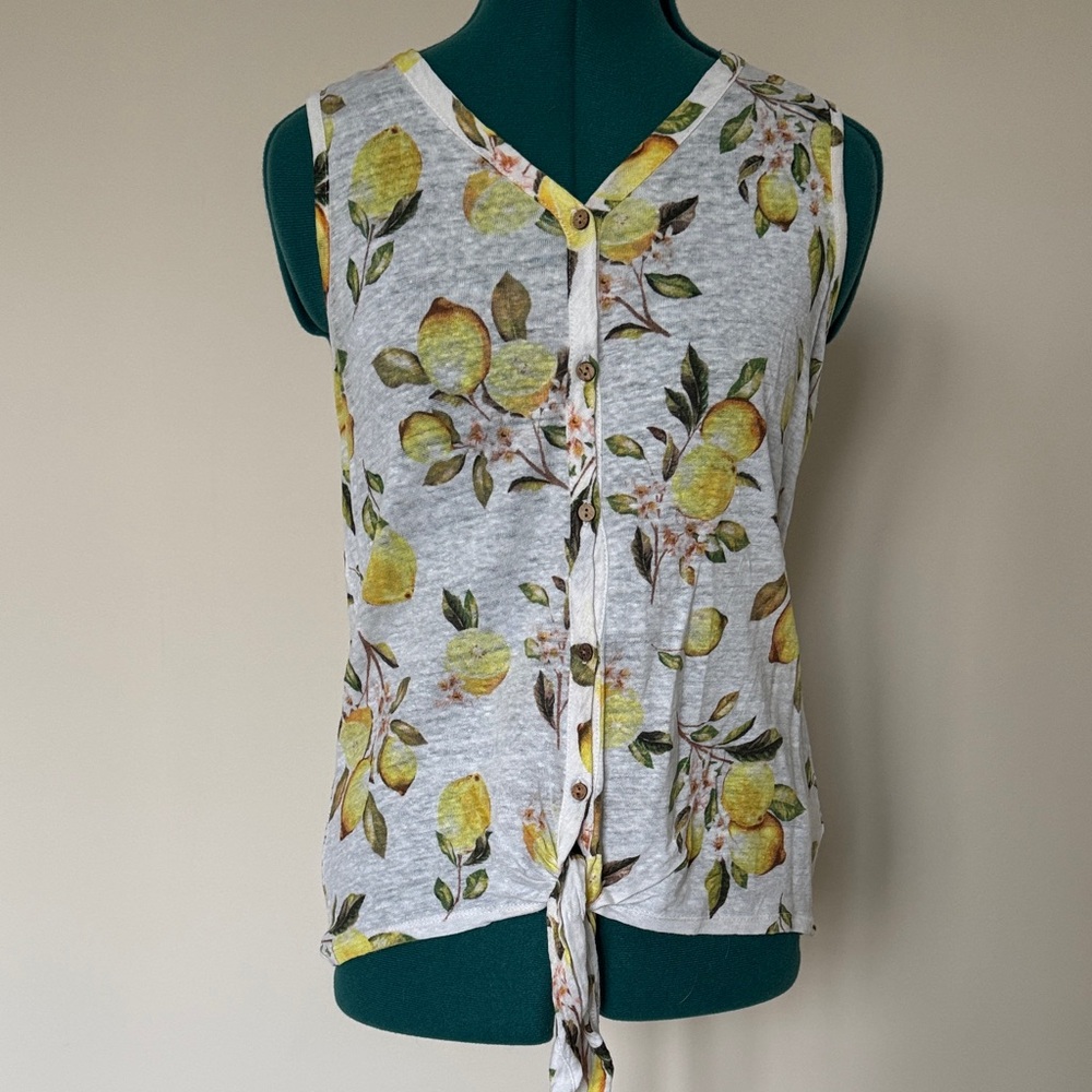 Cynthia Rowley | 100% Linen Lemon Print Sleeveless V-neck Tank Top | Size S - Picture 2 of 7